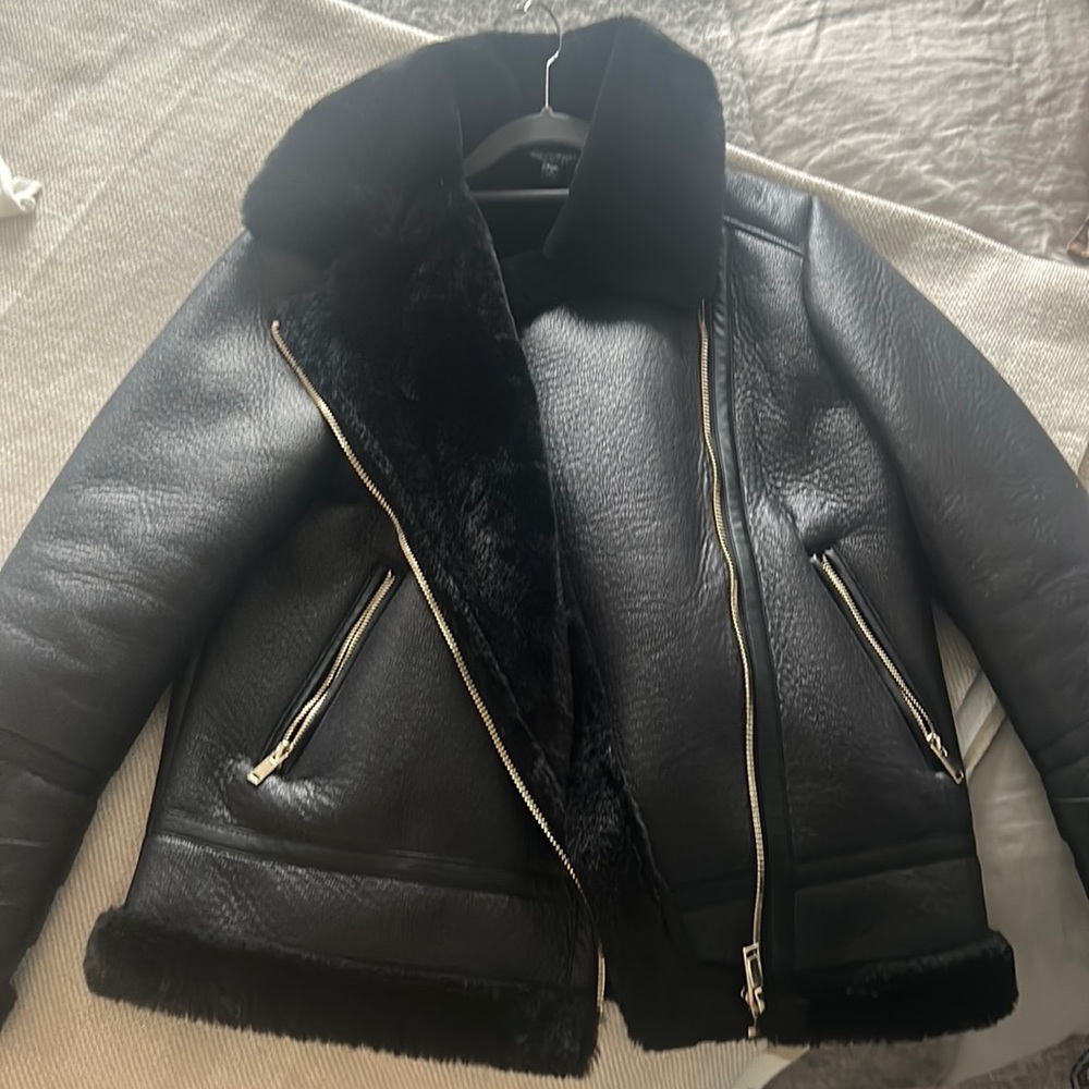 Miss Selfridge black aviator fur jacket UK 8 / US 4